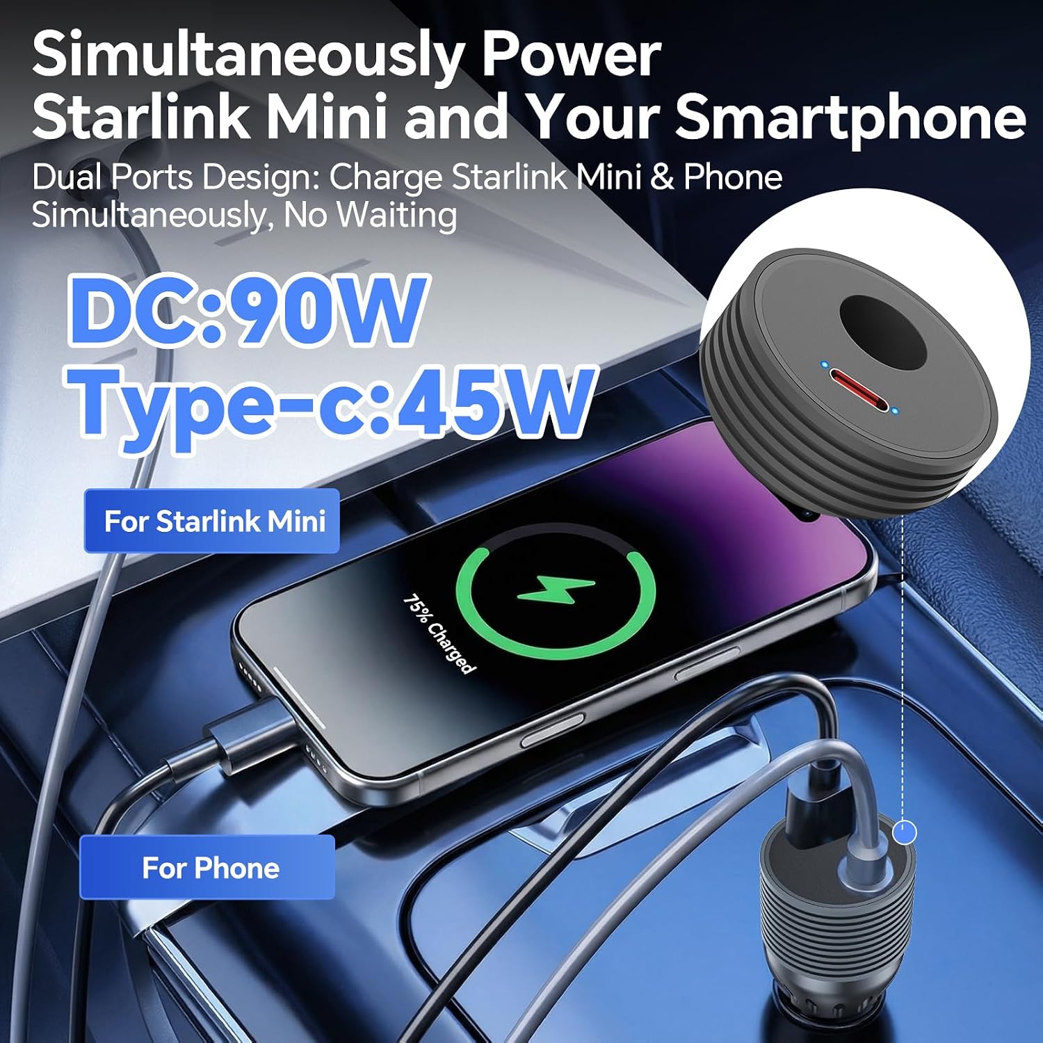 Car Adapter for Starlink Mini | 12V to 24V DC Step-Up Converter with 90W Output & 45W USB-C PD