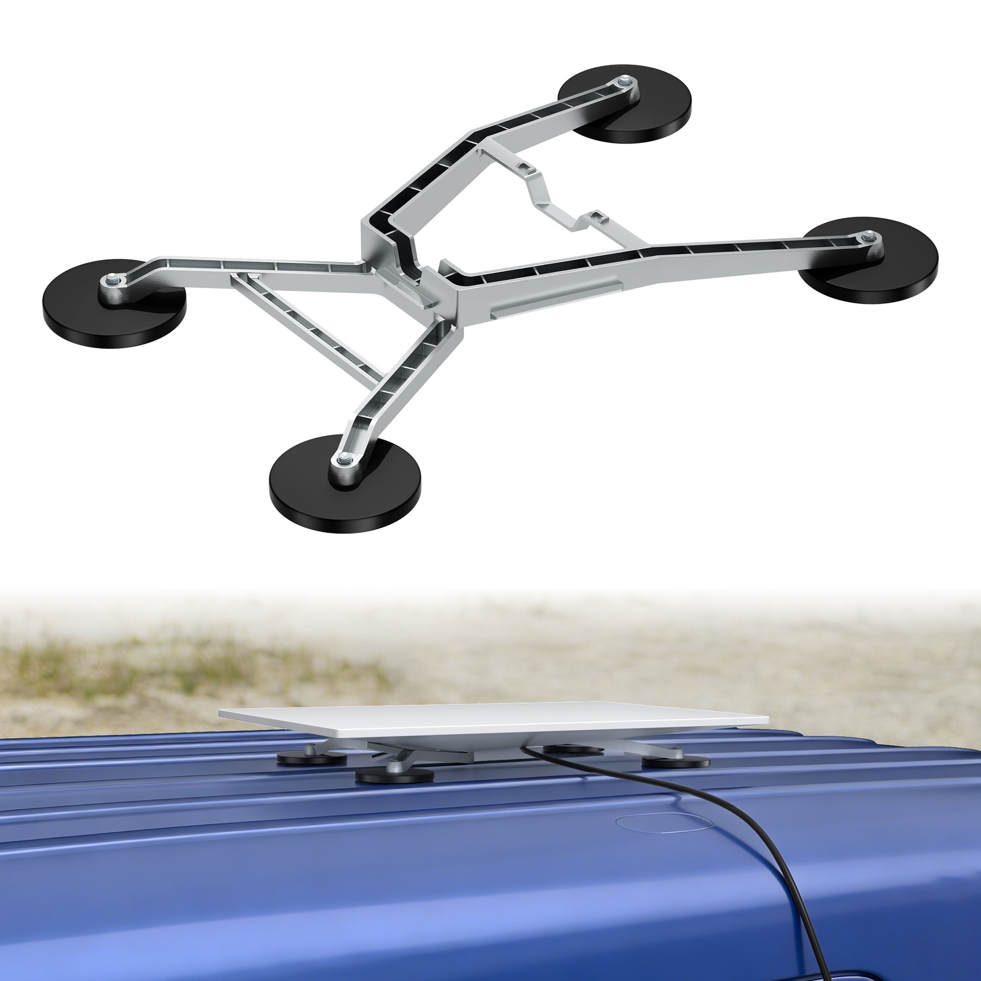 Close-up of Four 88mm Neodymium Magnets on Starlink Mount, 520lbs Total Holding Power for Highway Speeds.